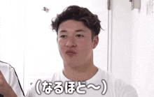 a man in a white shirt with chinese writing on the bottom