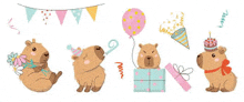 a set of cute capybaras celebrating a birthday with balloons , gifts , and party hats .