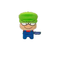 a stuffed toy with a green hat and blue overalls has a tag that says makeshift on it