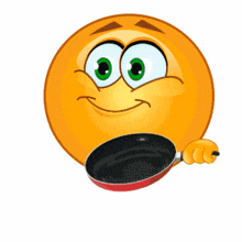 a cartoon smiley face is holding a frying pan and pointing at it