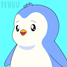 a blue and white penguin with a yellow beak is standing in front of a blue background that says pengu