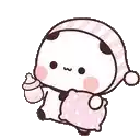 a cartoon panda bear wearing a pink hat and holding a bottle and a pillow .
