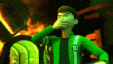 a cartoon character in a green jacket with the number 10 on it