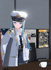 a girl in a military uniform is standing in front of a computer screen