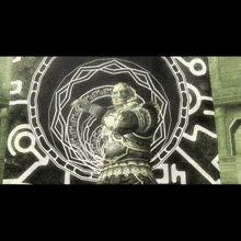 a statue of a man stands in front of a circle that says ' jm ' on it