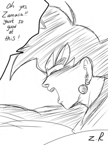 a black and white drawing of a man with a speech bubble .