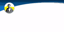 a blue and white background with a picture of a man on it
