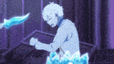 a man in a white suit is holding a blue sword in his hand