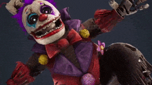 a creepy clown with purple hair and a purple vest