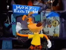 a cartoon character stands in front of a sign that says moxy 's pirate tv now