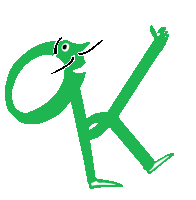 a cartoon drawing of a letter k with arms and legs