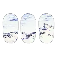 a drawing of three ovals with a blue sky and clouds on them
