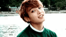 a close up of a young man wearing a green sweater and smiling .