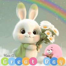 a bunny is holding a bouquet of daisies next to a pink stuffed animal with a guitar