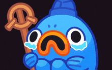 a blue cartoon character is crying while holding a cane