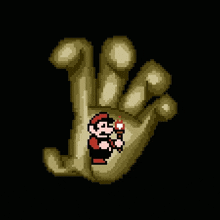 a pixel art of mario holding a torch in his hand .