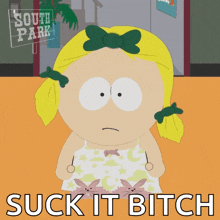 a cartoon of a girl with a sign that says south park on it