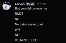 a screenshot of a conversation between lilith and someone named rude