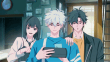 three anime characters are posing for a picture and one of them is holding a tablet