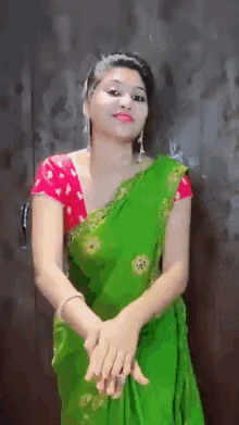 a woman in a green saree and red blouse is standing in front of a door .