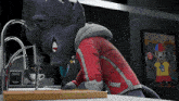 a cartoon character in a red jacket is looking at a sink