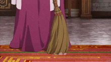 a woman in a purple dress is holding a broom in her hand