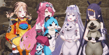 a group of anime characters are standing next to each other with one of them holding a cat