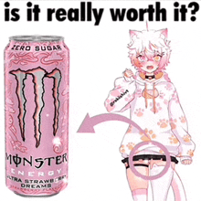 a can of monster energy drink is next to a cat girl