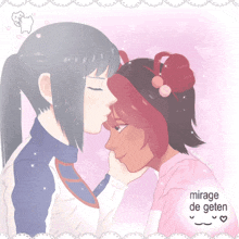 a drawing of two girls kissing with the words mirage de geten written on the bottom