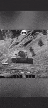 a black and white photo of a tank with a skull in the background