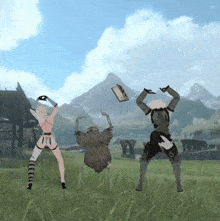 a video game character is holding a book in a field with mountains in the background