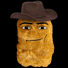 a chicken nugget wearing a cowboy hat has a face drawn on it
