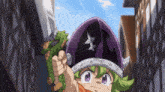 a cartoon character holding a sword and wearing a purple hat