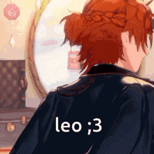 a person with red hair is standing in front of a mirror and the word leo is on the back of the person 's jacket .