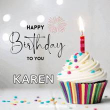 a birthday card for karen with a cupcake with a lit candle