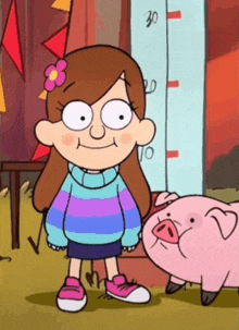 a girl with a flower in her hair is standing next to a pig and a ruler that says 30