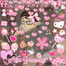 a picture of a man with a pink bow around his head and the words kill yourself
