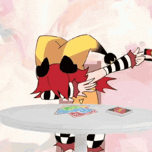 a cartoon character is sitting at a table holding a playing card