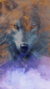 a painting of a wolf surrounded by smoke and lightning