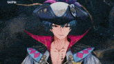 a man with blue hair is wearing a pirate hat and jacket .