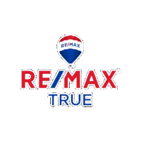 a re/max true logo with a red white and blue balloon