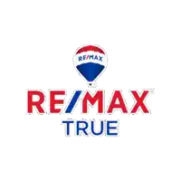 a re/max true logo with a red white and blue balloon