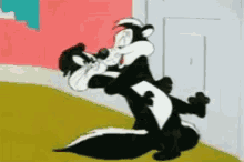a cartoon of a skunk holding another skunk in his arms