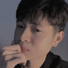 a close up of a person 's face with their hand on their face