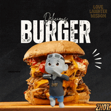 a cartoon character standing in front of a hamburger that says " delicious burger "