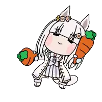 a cartoon of a girl with white hair holding a carrot .