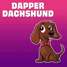 a cartoon dachshund wearing a red bow tie on a purple background
