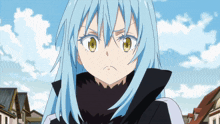 a girl with blue hair and yellow eyes stands in front of a city