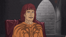 a cartoon of a man with a tattoo on his chest is smiling