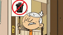 lincoln loud from the loud house is holding a no trash sign